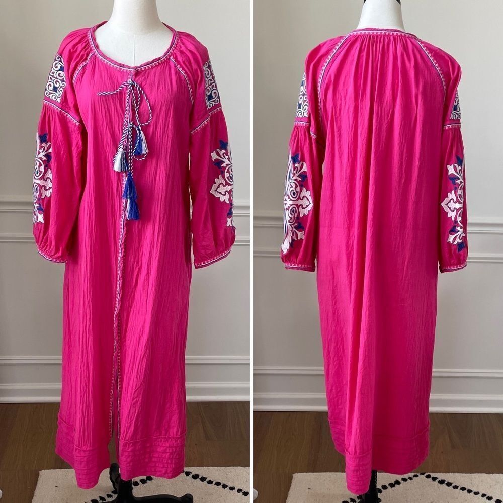 Velzera Fuchsia Hot Pink Embroidered Mumu Caftan Beach Dress 1XL